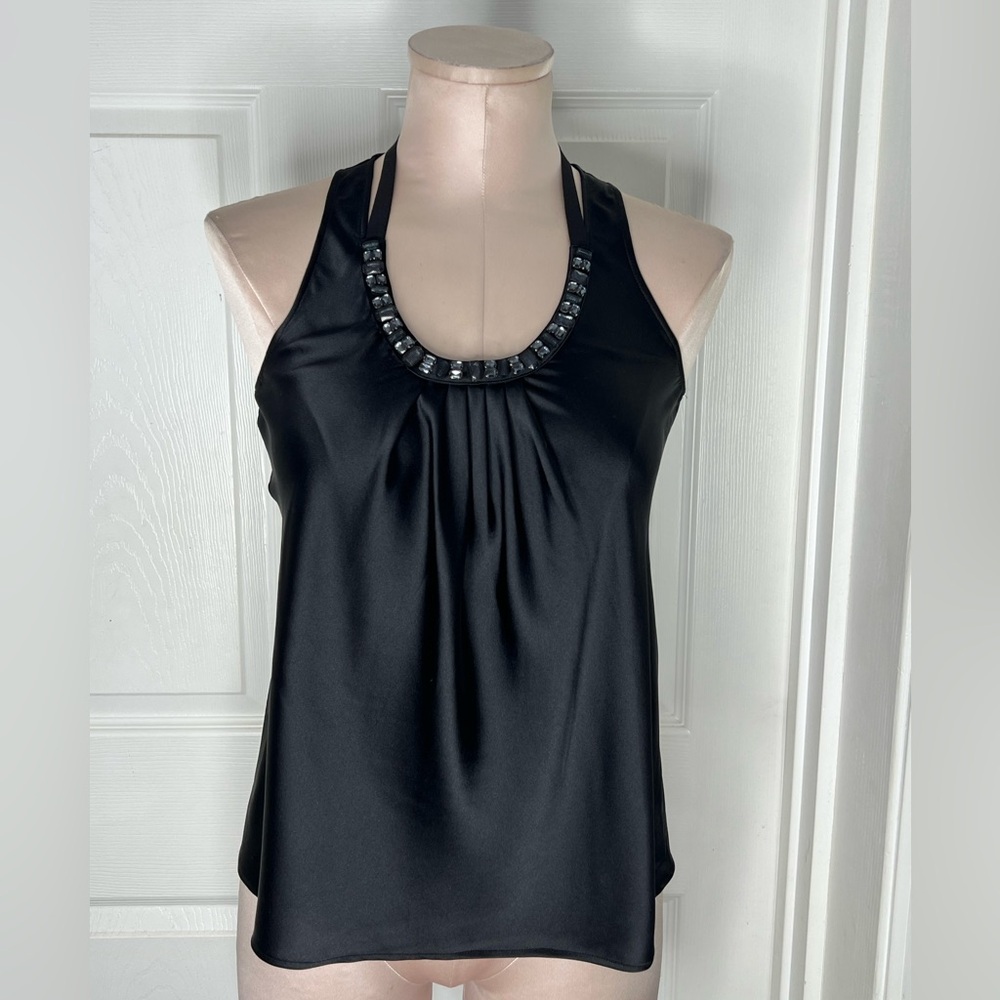 Club Monaco Silk Tie Neck Jeweled Neckline Black Sleeveless Blouse Top Sz XS